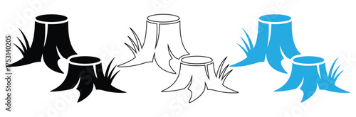 WebTree stump icons in black, white and blue on white backdrop,Tree stump icon symbol design vector