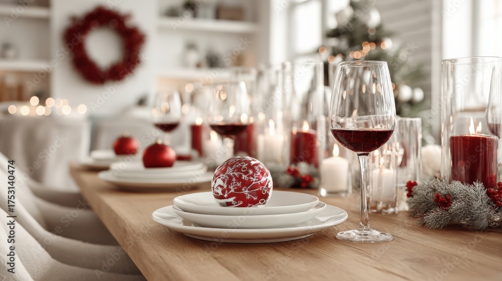 Fototapeta premium Festive Christmas Table Setting with Red Wine, Candles, and Elegant Decorations for Holiday Celebration