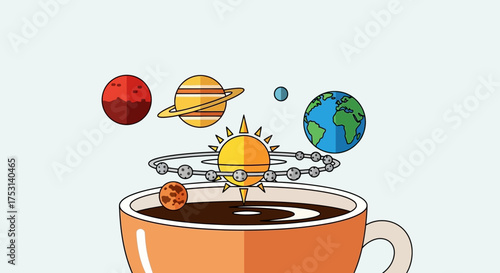 Coffee Cup with Solar System Planets Orbiting, a Cosmic Coffee Break.