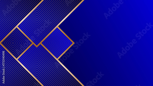 Blue gradient abstract background with gold pattern, rhombic shapes, lines and shadows. Modern geometric pattern. Shiny poster or web banner template