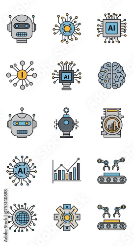 Collection of Artificial Intelligence and Robotics Icons Representing Technological Advancements.