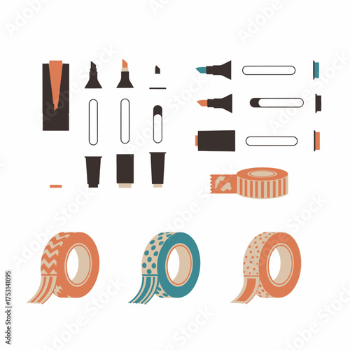 Collection of Colorful Tape Rolls and Marker Parts.
