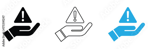 Stay alert safety warning in hand for your attention now,Exclamation marks. Caution alarm set, danger signs. Attention symbols. Warning and attention icons.