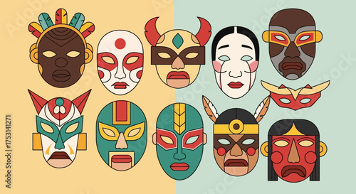 Collection of Colorful Tribal Masks with Unique Designs.