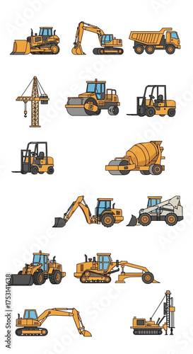 Collection of Construction Vehicles and Heavy Equipment Illustrations.