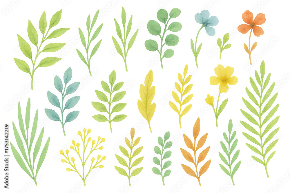 Naklejka premium Watercolor botanical collection set with various leaves and flowers, spring and summer nature illustration on transparent background