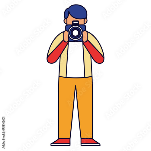 Colorful flat illustration of a person with a camera, representing the artistic concept of photography as a hobby for capturing and preserving visual memories