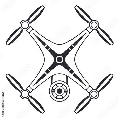 Drone icon, overhead view of a quadcopter with camera, flying technology concept