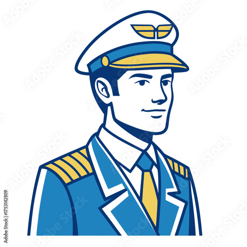 Professional airline pilot captain in a classic uniform, a handsome character portrait for aviation and travel themes. Vector illustration mascot