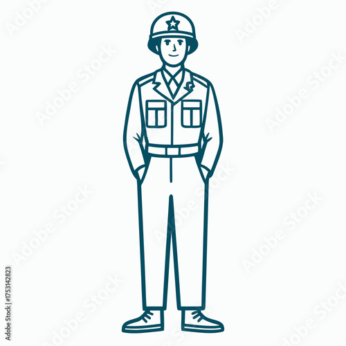 A simple line art illustration of a soldier in a classic military uniform and helmet, standing at ease with hands in pockets