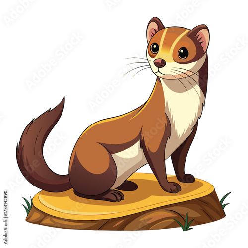A Charming Cartoon Stoat Perched on a Tree Stump Surrounded by Green Grass in a Whimsical Illustration Style