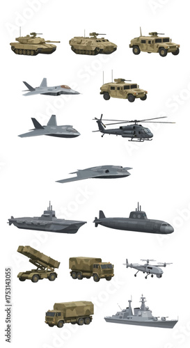 Collection of Modern Military Vehicles and Equipment on White Background.