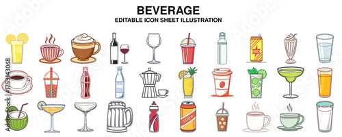 Assorted Beverage Icons Collection Vector Illustrations of Drinks, Cocktails, and Refreshments for Diverse Applications