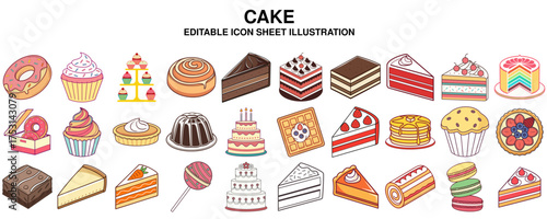 Delicious cakes and pastries A colorful illustrated icon set for bakery and dessert concepts