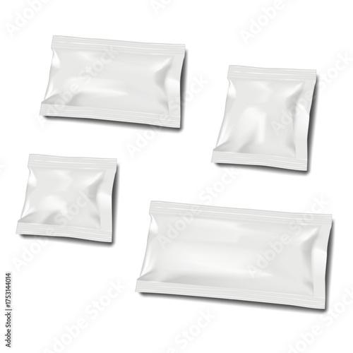 Blank white sachet pouch. Realistic vector mockup. Plastic, paper or foil bag. 3d mock-up set. Single dose, product sample package or individual packaging. Template for design