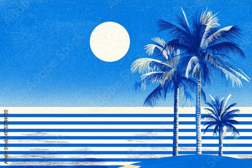 abstract summer illustration sea as white and blue stripes, palms, sun