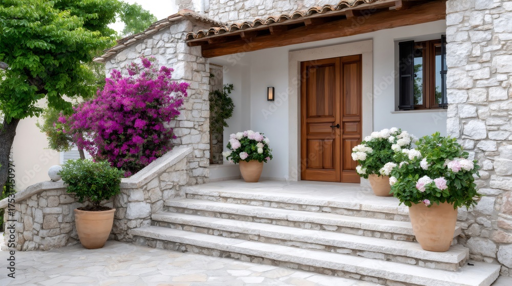 Fototapeta premium Stone house entrance with bougainvillea and hydrangeas