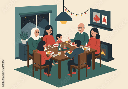 An illustration of a diverse multi-generational family sharing a warm, festive dinner around a table in a cozy home setting.