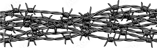Barbed wire silhouette. This image shows a black and white design of intertwined barbed wire, symbolizing security, restriction, and protective boundaries. Vector clipart illustration design.