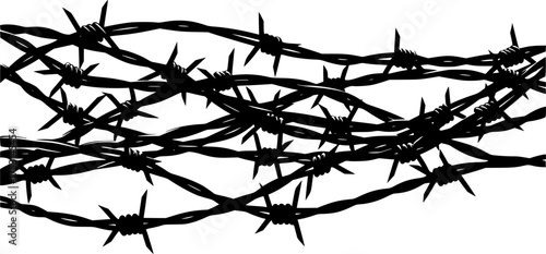 Barbed wire silhouette. This image shows a black and white design of intertwined barbed wire, symbolizing security, restriction, and protective boundaries. Vector clipart illustration design.