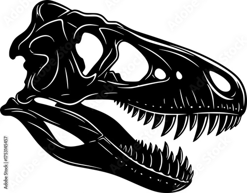 

Dinosaur skull silhouette. This image shows a black silhouette of a dinosaur skull with sharp teeth and detailed bone structure, representing prehistoric fossils. Vector clipart illustration design