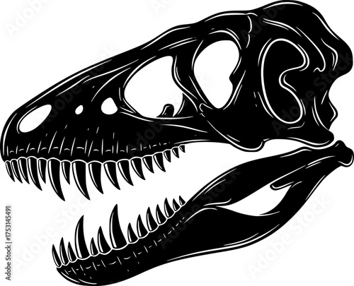 

Dinosaur skull silhouette. This image shows a black silhouette of a dinosaur skull with sharp teeth and detailed bone structure, representing prehistoric fossils. Vector clipart illustration design