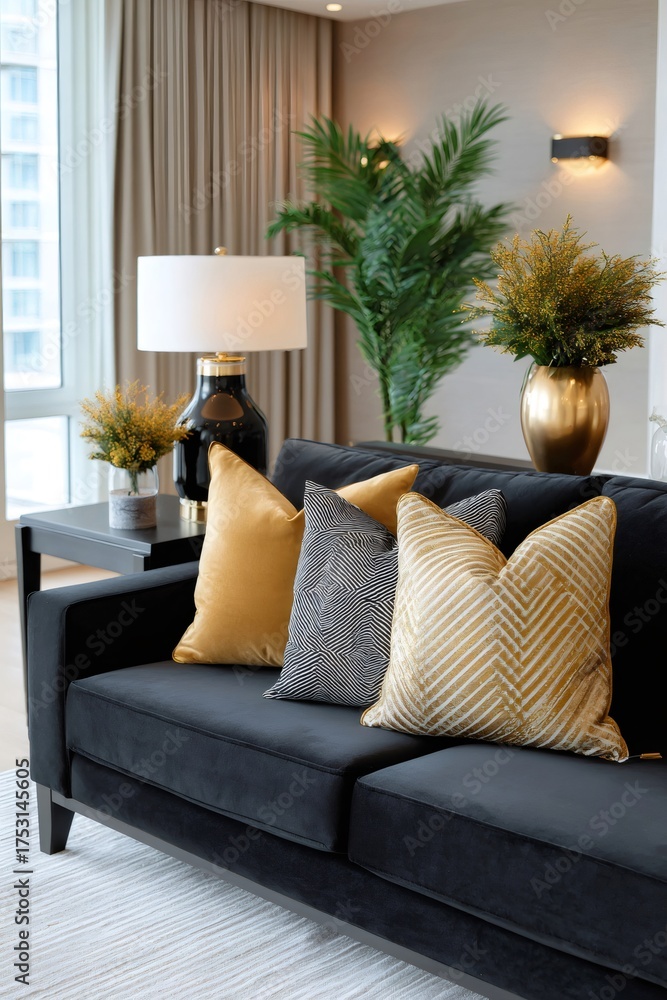 Fototapeta premium Living room with black velvet sofa and gold pillows