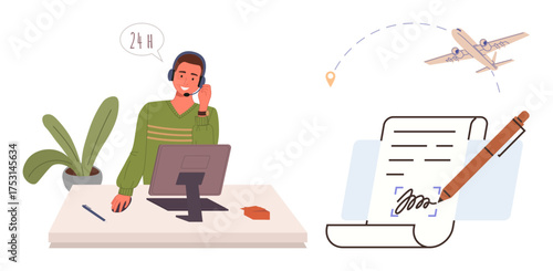 Person in headset at desk assisting remotely, airplane in flight path, and signed contract. Ideal for travel, customer support, logistics, corporate communication, partnerships, remote services