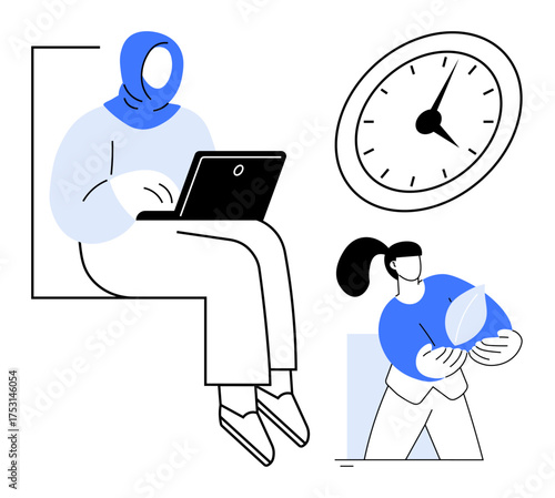 Person wearing headscarf works on a laptop, clock represents time management, figure holding plant conveys sustainability. Ideal for productivity, remote work, time, eco-focus, diversity, balance