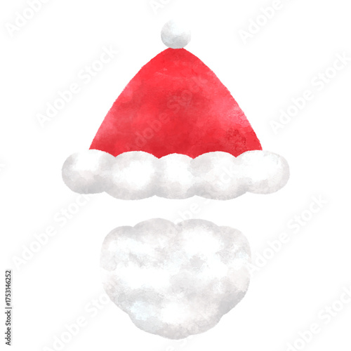 水彩風赤いサンタ帽と白ひげのイラスト