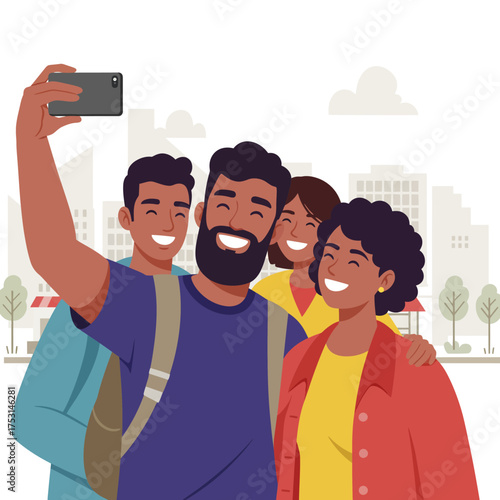 Group of friends taking selfie outdoors, urban background simplified, flat bright illustration