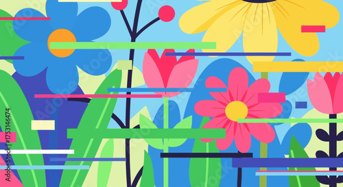 Colorful Floral Illustration with Abstract Glitch Effects and Vibrant Flowers.