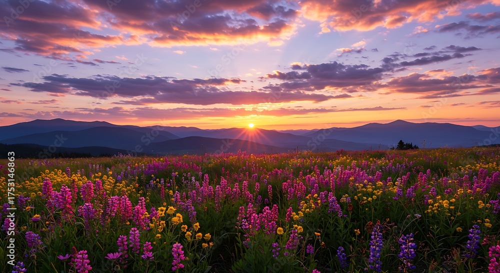 Obraz premium mountain meadow of colorful wildflowers illuminated by a vibrant, radiant sunset sky.