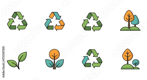 Set of ecology icons, featuring recycling symbols, trees, and leaves, conveying environmental awareness and sustainability