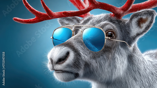 Reindeer Rudolph wearing stylish red sunglasses and a cozy red scarf with white snowflakes, standing frontally in a snowy winter forest scene during a cheerful Christmas season