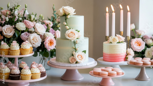 Wallpaper Mural Elegant pastel dessert table with tiered cake cupcakes macarons and floral arrangement for celebration Torontodigital.ca