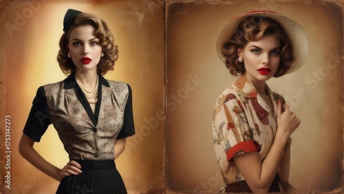 Vintage fashion portraits of women with hats