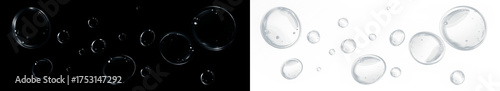 Transparent water droplets overlay on contrasting black and white backgrounds, creating a visually striking effect for design and artistic applications with copy space