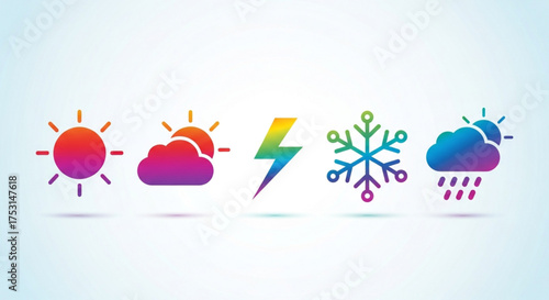 Colorful weather icons, depicting sun, sun behind cloud, lightning, snowflake, rain cloud, perfect for weather apps and widgets