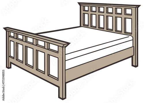 A wooden bed frame with a mattress is shown, featuring a headboard and footboard with rectangular cutout designs. The structure is sturdy and simply styled, suitable for bedroom furnishings.