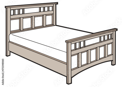A simple vector illustration of a bed with a modern, possibly Mission or Shaker-style wooden frame. It features a slatted or paneled headboard and footboard in a light, neutral wood color.