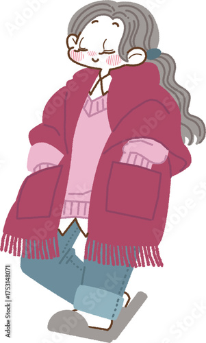 赤いストールを肩からかけているリラックスした女の子のイラスト