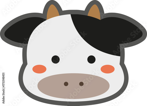 Cute cow face character illustration with bold lines, minimalist farm animal vector