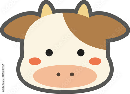 Cute cow face character illustration with bold lines, minimalist farm animal vector