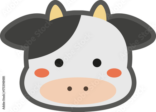 Cute cow face character illustration with bold lines, minimalist farm animal vector