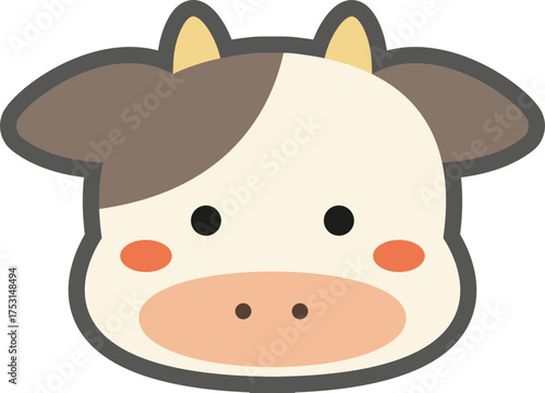 Cute cow face character illustration with bold lines, minimalist farm animal vector