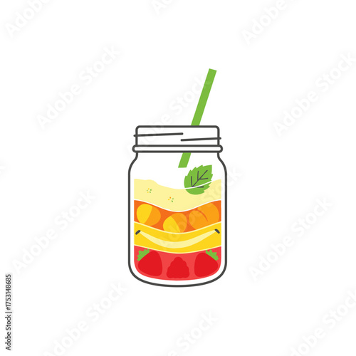 Colorful layered fruit dessert in a mason jar with straw and mint.
