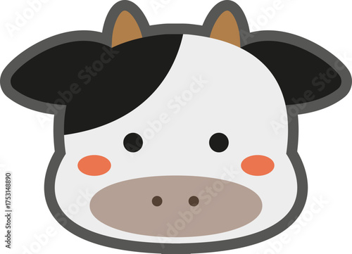 Cute cow face character illustration with bold lines, minimalist farm animal vector