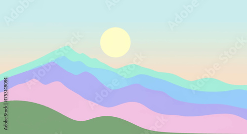 Colorful Mountain Landscape with Sun.