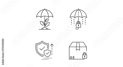 Vector illustration of security shield collection of security and protection icons includes plant growth protection, data security, insurance coverage, and secure shipping